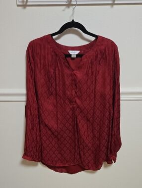 CJ Banks Wine Red Diamond-Pattern V-Neck Blouse